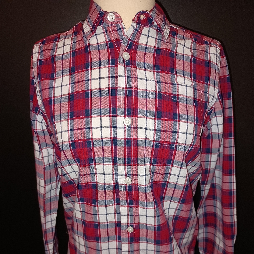 Boys Plaid Button down shirt red, blue and white